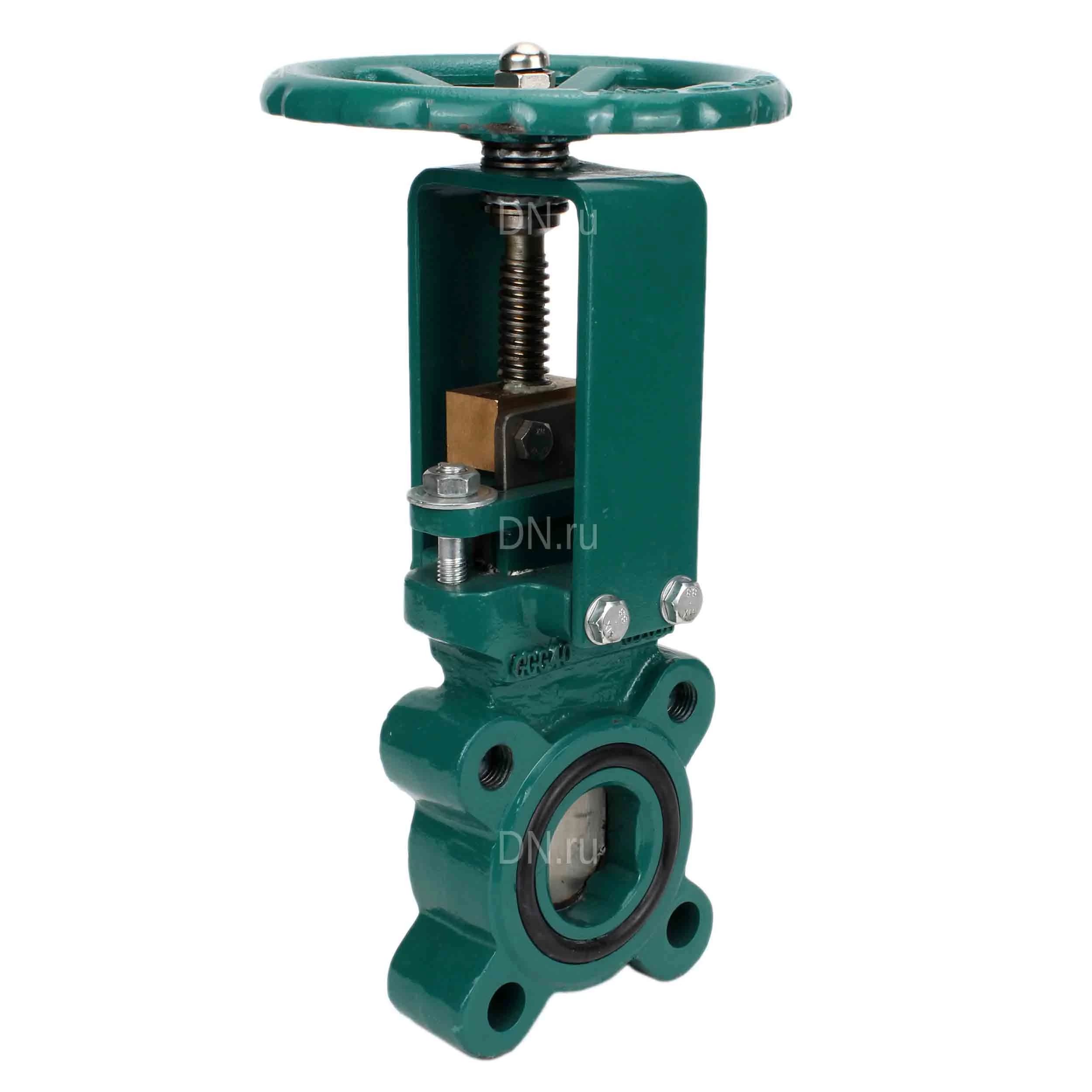 Задвижка шиберная DN.ru Ду100 Ру16 односторонняя, межфланцевая, шпиндель - выдвижной, корпус - чугун GGG40, шибер - нержавеющая сталь 304, уплотнение - металл, управление - штурвал (GVKR1331M-1W-Fb-S)