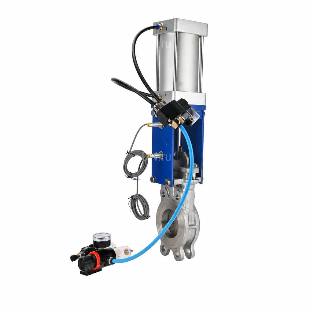 Задвижка шиберная DN.ru Ду80 Ру16 межфланцевая, корпус - нерж.сталь CF8/AISI 304, шибер - нерж.сталь 304, уплотнение - металл, с пневмоприводом, пн.распред 4V210-08 AC220V, индук.датчиками LJ12A3-4-Z/EX 24В и БПВ AFC2000 (GVKR3131M-1W-Fb-2P)