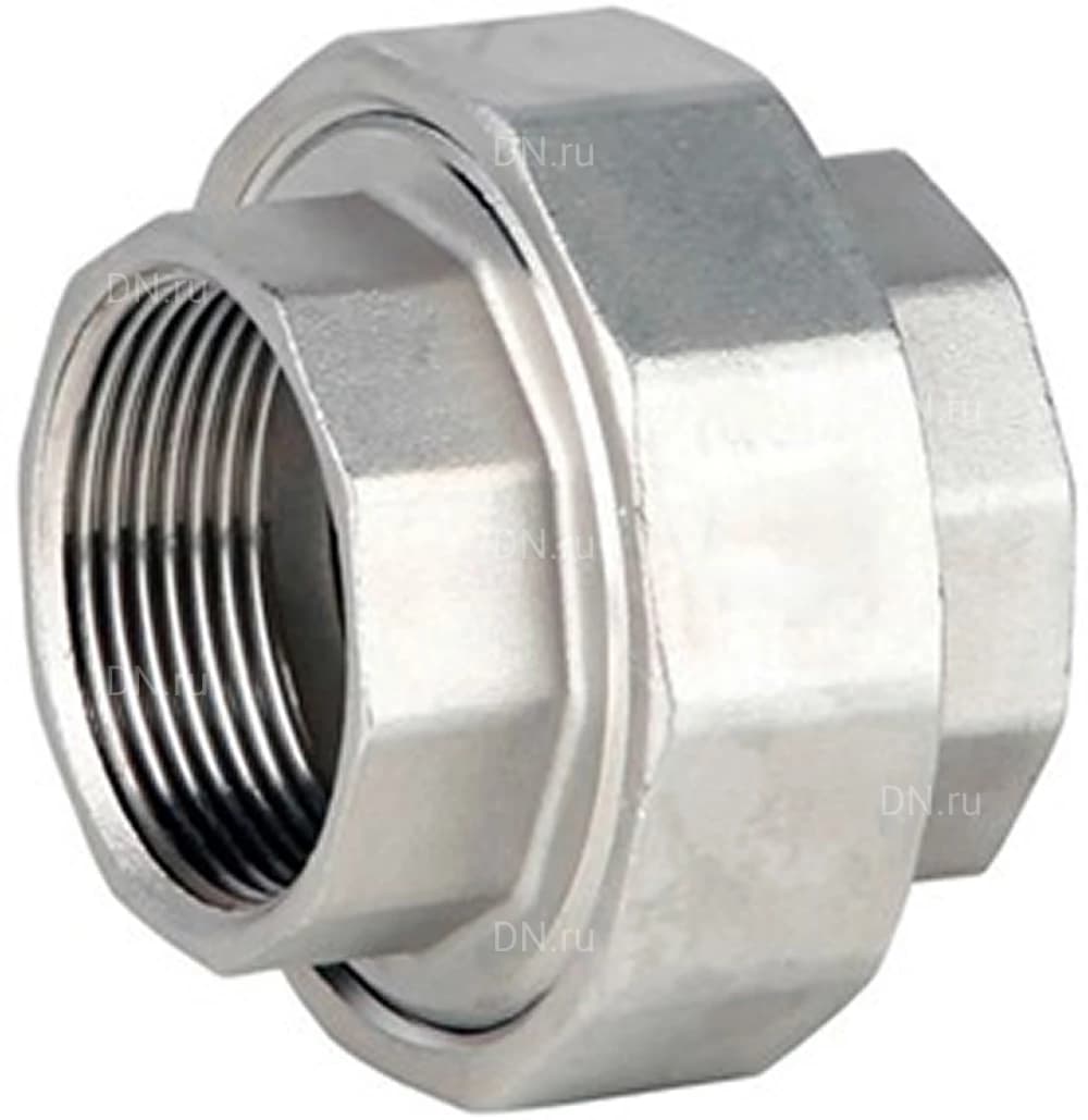 Соединение разъемное (американка) DN.ru А-304-ВР-ВР-PTFE 1/4′′ Ду8 Ру20 с уплотнением под гайкой по плоскости, корпус - нержавеющая сталь AISI 304, присоединение - внутренняя/внутренняя резьба, тип резьбы - BSPP